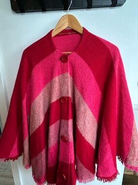 Vintage Pink  & Red Striped Wool Button Front Cape Sweater TECO 1970s